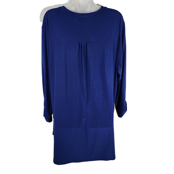 Denim & Co Tunic Top Womens 1X Blue Split V Neck 3/4 Tab Sleeve Studded Detail - Picture 2 of 11